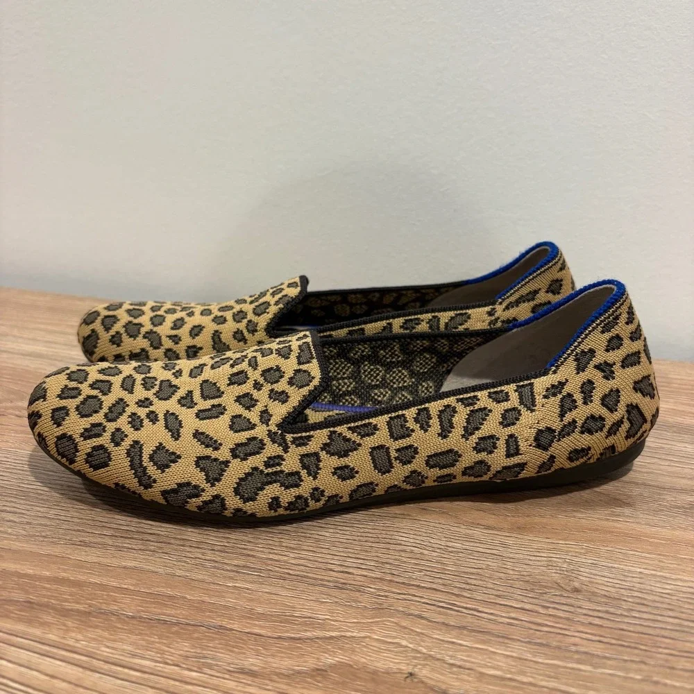 Rothy's The Loafer Leopard Print Flat Shoes Women Tan Black Size 7.5 Knit Animal